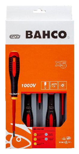 [BE-9882S] 1000V Ergo tornavida seti, 5 parça. Oluklu: 0.5-0.8-1 and Pozidriv 1 & 2